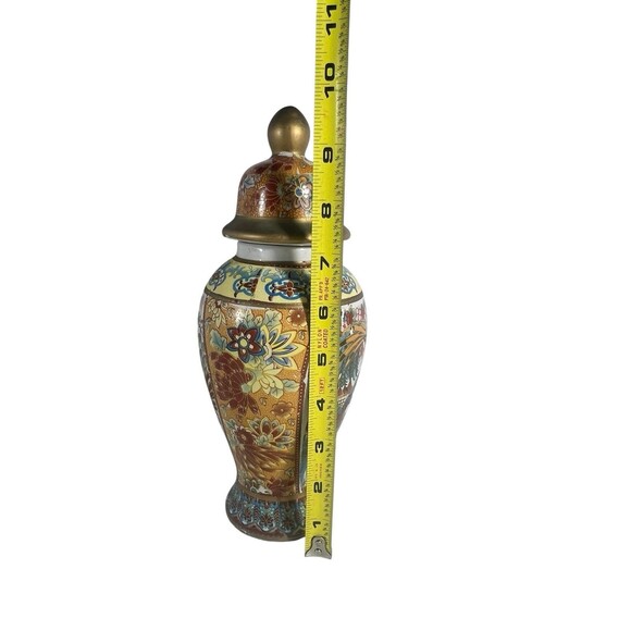VTG 10” Tall Hand-Painted Asian-Style Ceramic Vase Gold Accents & Bird Motif-Lid - Picture 3 of 12